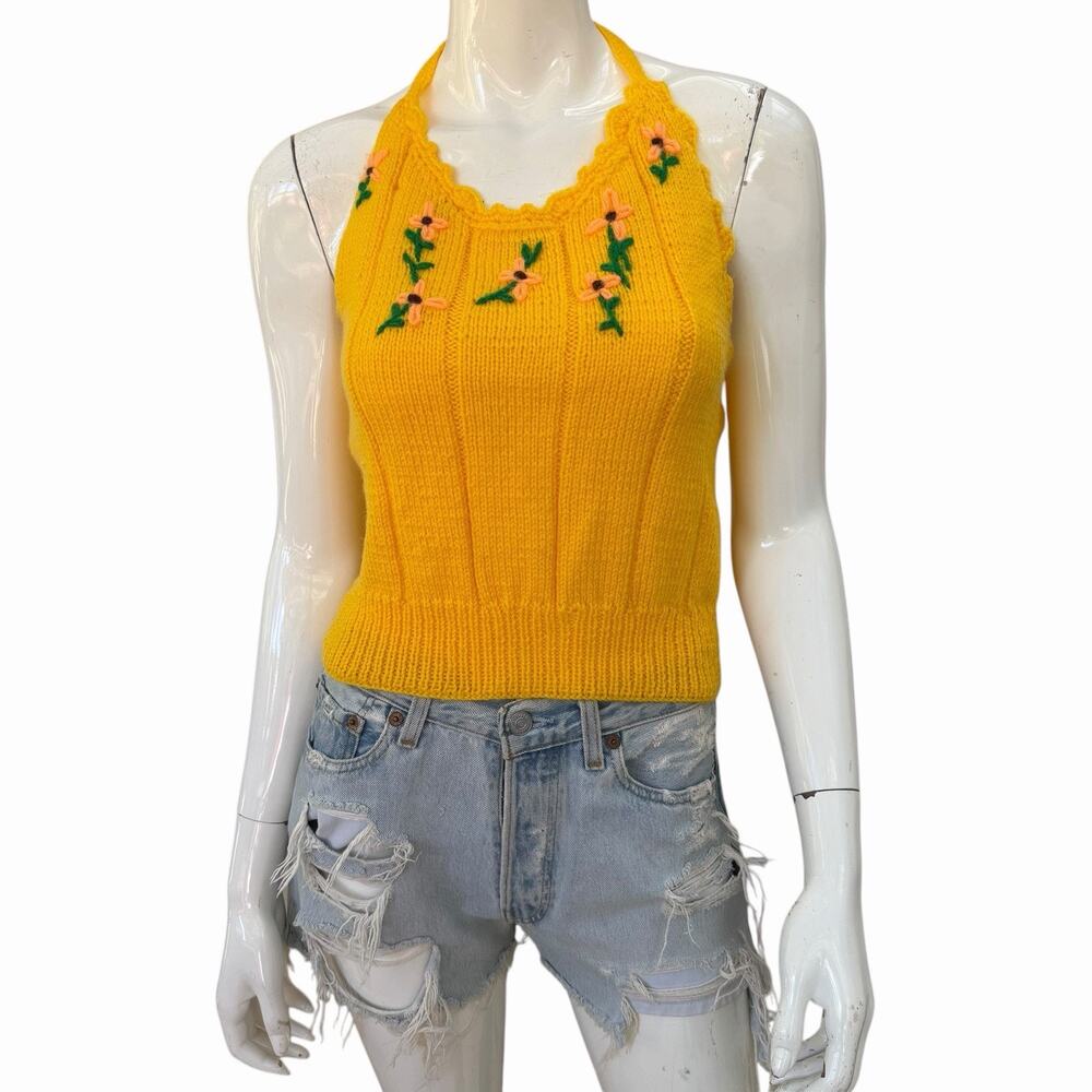 Vintage 1970’s Knit Halter Top with Floral Embroidery, S/M